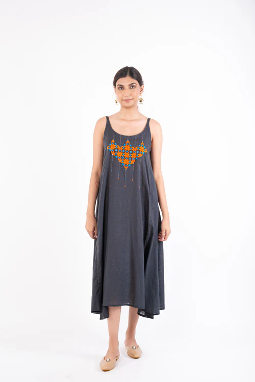 Rangsutra Naman Charcoal Soof Hand Embroidered Midi Dress - Image 4