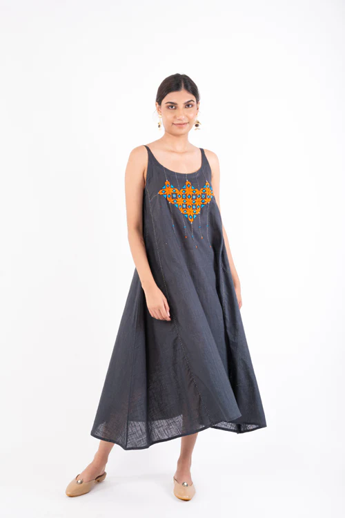 Rangsutra Naman Charcoal Soof Hand Embroidered Midi Dress - Image 5