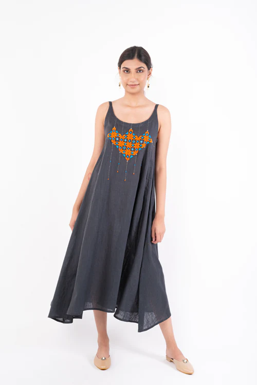 Rangsutra Naman Charcoal Soof Hand Embroidered Midi Dress - Image 6
