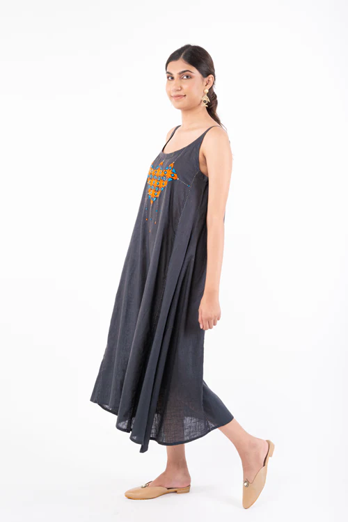 Rangsutra Naman Charcoal Soof Hand Embroidered Midi Dress - Image 8