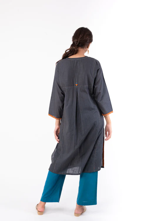 Rangsutra Naman Charcoal Soof Hand Embroidered Straight Kurta - Image 10