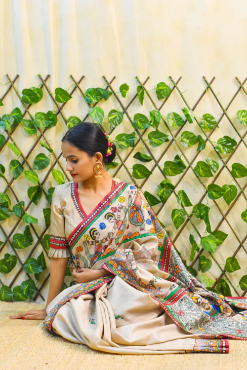 NANDGOPALA RADHA Handpainted Madhubani Tussar Silk Saree Madhubani Paints - Image 3