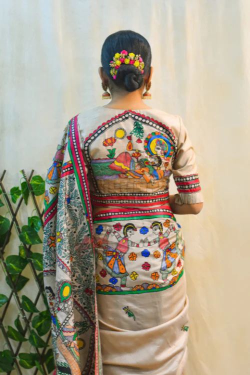 NANDGOPALA RADHA Handpainted Madhubani Tussar Silk Saree Madhubani Paints - Image 4