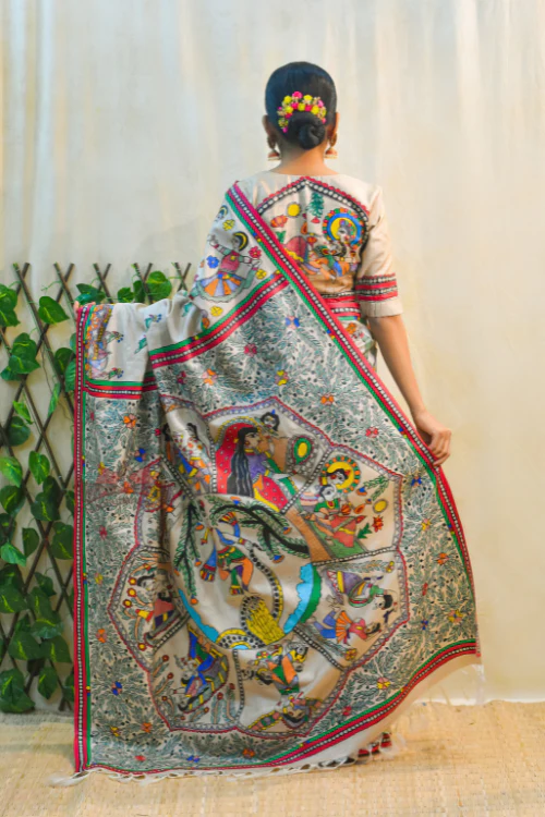 NANDGOPALA RADHA Handpainted Madhubani Tussar Silk Saree Madhubani Paints - Image 5
