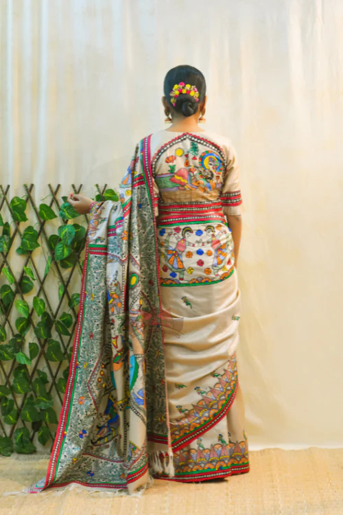 NANDGOPALA RADHA Handpainted Madhubani Tussar Silk Saree Madhubani Paints - Image 6