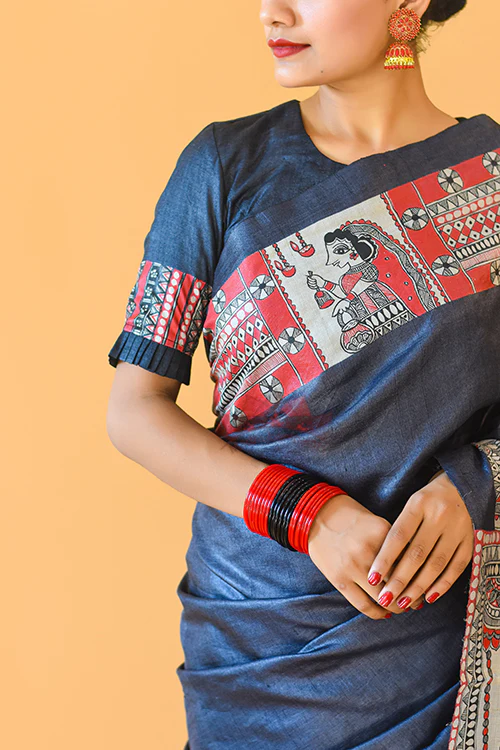 NARAYANI  Handpainted Madhubani Tussar Silk Saree Madhubani Paints - Image 3