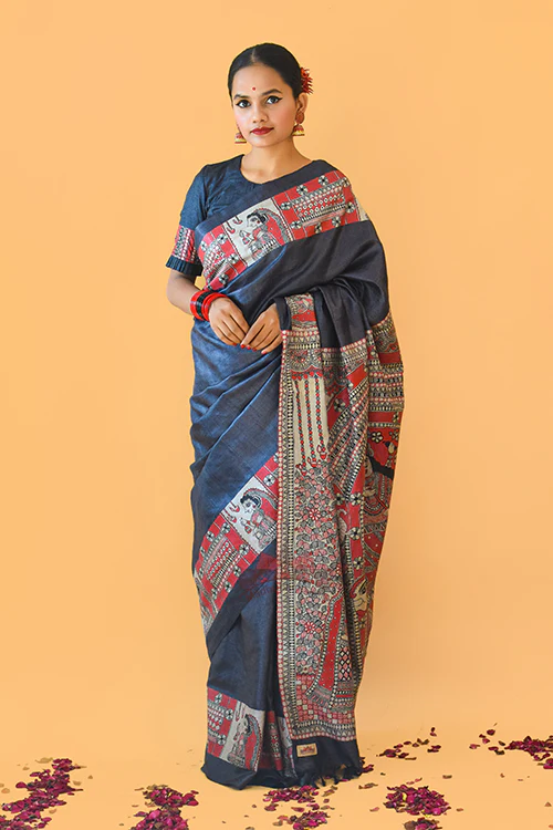 NARAYANI  Handpainted Madhubani Tussar Silk Saree Madhubani Paints - Image 4