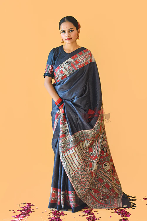 NARAYANI  Handpainted Madhubani Tussar Silk Saree Madhubani Paints - Image 5