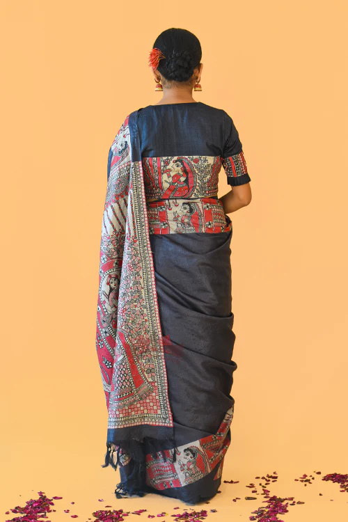 NARAYANI  Handpainted Madhubani Tussar Silk Saree Madhubani Paints - Image 6