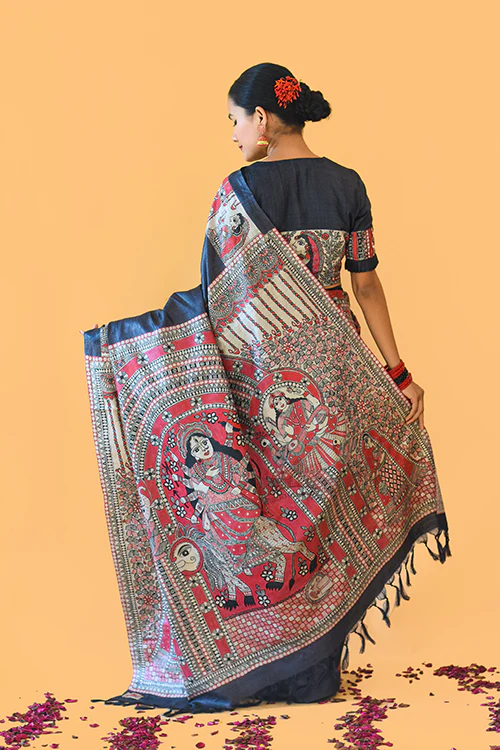 NARAYANI  Handpainted Madhubani Tussar Silk Saree Madhubani Paints - Image 7