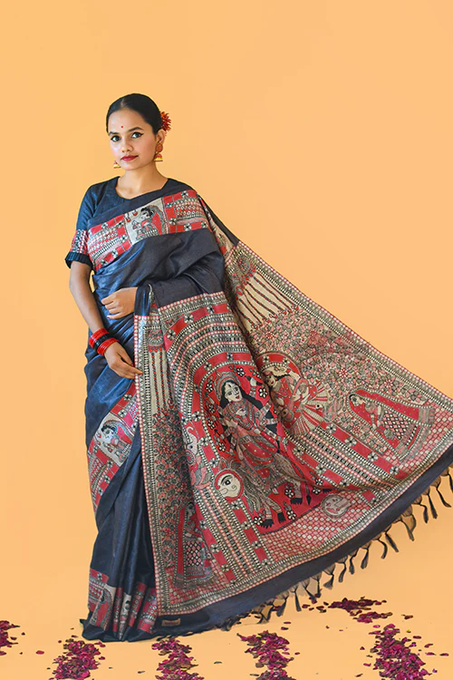 NARAYANI  Handpainted Madhubani Tussar Silk Saree Madhubani Paints - Image 8