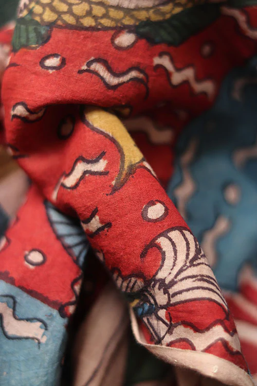 Natural Dye Hand-Painted Kalamkari Cotton X Silk Stole - Image 3