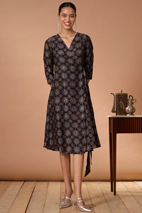 Okhai "Neelam" Hand Embroidered Mirrorwork Handblock Printed Chanderi Silk Ajrakh Wrap Dress - Image 10