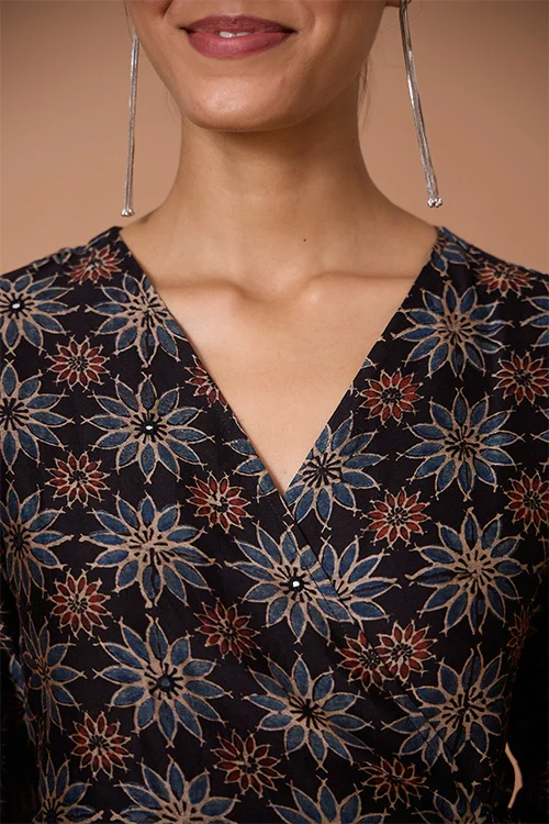 Okhai "Neelam" Hand Embroidered Mirrorwork Handblock Printed Chanderi Silk Ajrakh Wrap Dress - Image 2