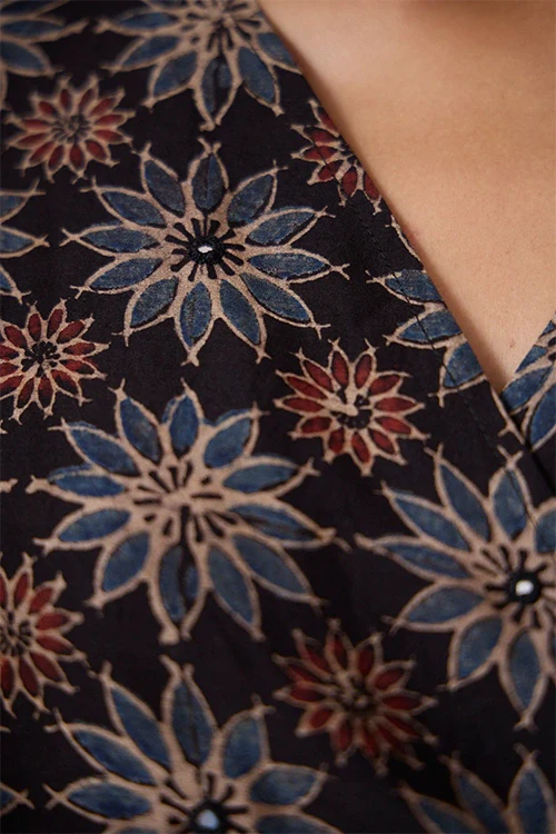 Okhai "Neelam" Hand Embroidered Mirrorwork Handblock Printed Chanderi Silk Ajrakh Wrap Dress - Image 5
