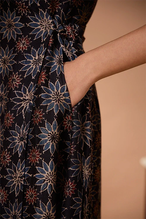 Okhai "Neelam" Hand Embroidered Mirrorwork Handblock Printed Chanderi Silk Ajrakh Wrap Dress - Image 6