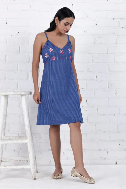 Bebaak Neera Blue Hand-Embroidered & Handwoven A Line Dress - Image 4