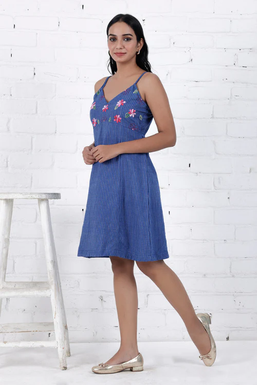 Bebaak Neera Blue Hand-Embroidered & Handwoven A Line Dress - Image 5