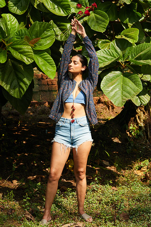 Okhai 'Nomad' Pure Cotton Ajrakh Handblock Printed Bomber Jacket - Image 6