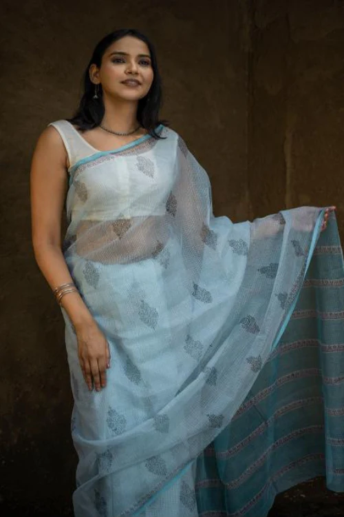TICH Sanganeri Hand Block Printed Kota Doria Saree - Ocean Moods