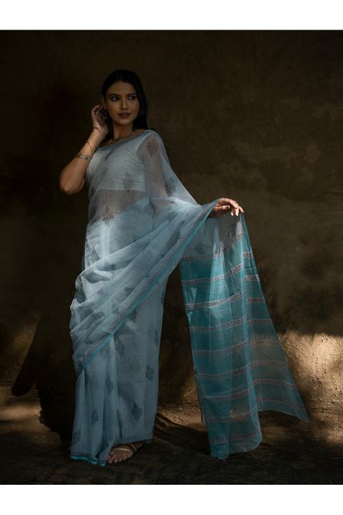 TICH Sanganeri Hand Block Printed Kota Doria Saree - Ocean Moods - Image 11