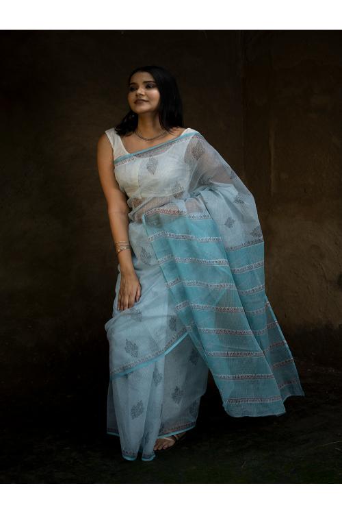 TICH Sanganeri Hand Block Printed Kota Doria Saree - Ocean Moods - Image 2