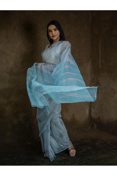 TICH Sanganeri Hand Block Printed Kota Doria Saree - Ocean Moods - Image 8