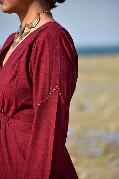 Okhai "Aafreen" Hand-Embroidered Mirrorwork Pure Cotton V-neckline Dress - Image 6