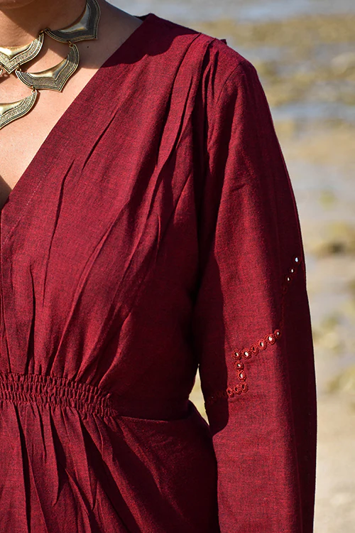 Okhai "Aafreen" Hand-Embroidered Mirrorwork Pure Cotton V-neckline Dress - Image 7