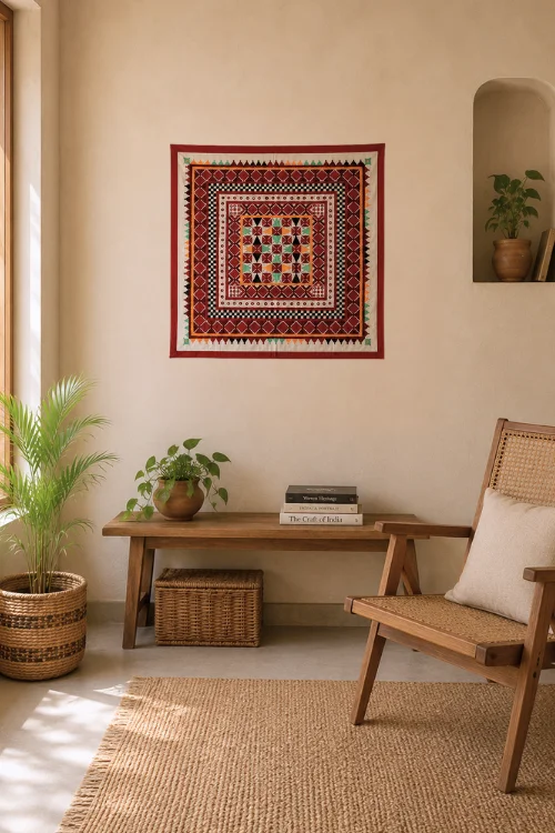 Okhai 'AAINA' Hand Embroidered Mirror Work Pure Cotton Wall Hanging - Image 2