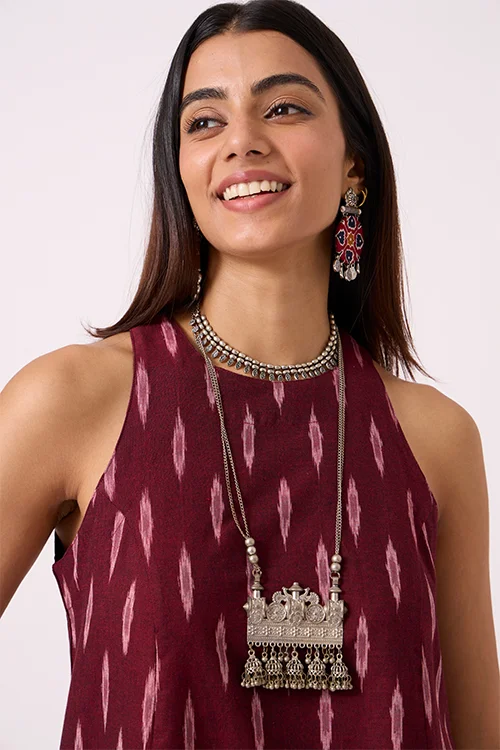 Okhai "Adventure " Pure Cotton Ikat Maroon Dress - Image 2