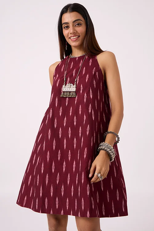 Okhai "Adventure " Pure Cotton Ikat Maroon Dress - Image 3