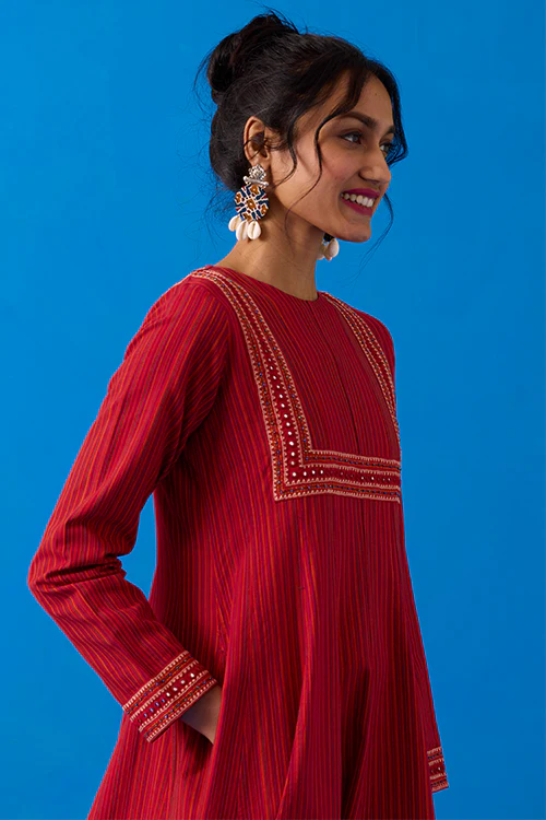 Okhai “Agasthi” Hand-Embroidered Bead and Mirror work Ikkat Pure Cotton Dress - Image 3