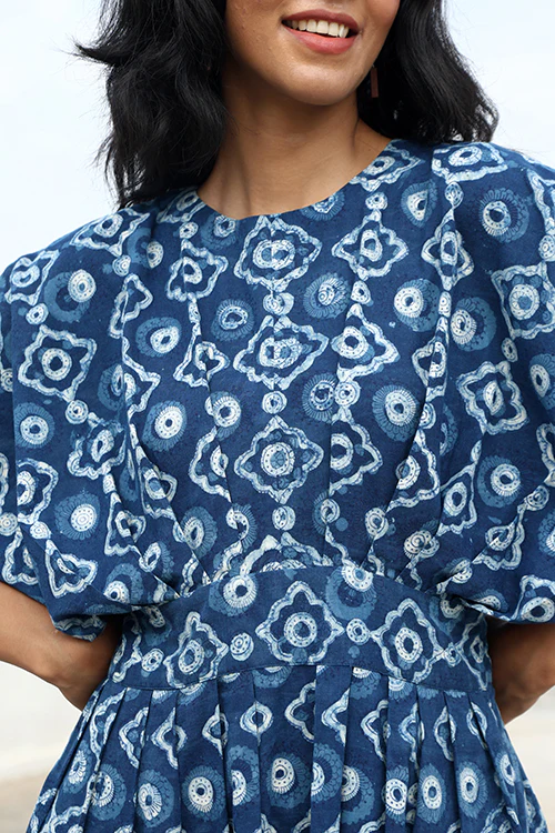 Okhai "Agatha" Handblock Printed Pure Cotton Indigo Dress - Image 3