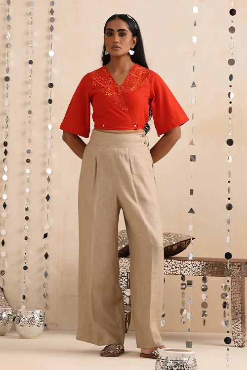 Okhai "Amer" Hand-Embroidered Orange Pure Cotton Wrap Top - Image 2