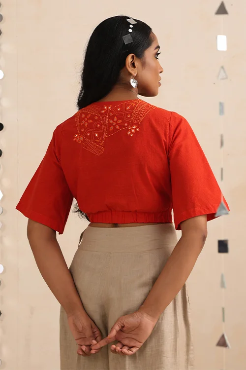 Okhai "Amer" Hand-Embroidered Orange Pure Cotton Wrap Top - Image 4