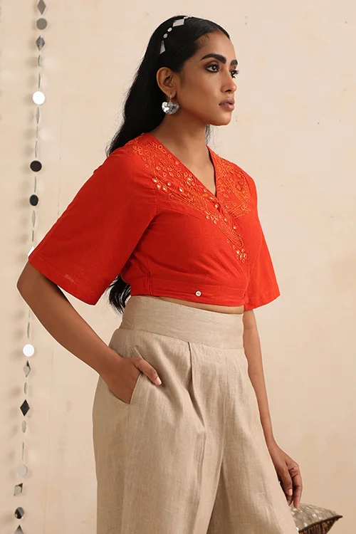 Okhai "Amer" Hand-Embroidered Orange Pure Cotton Wrap Top - Image 5