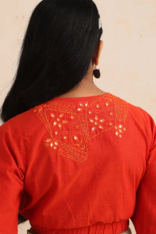 Okhai "Amer" Hand-Embroidered Orange Pure Cotton Wrap Top - Image 6