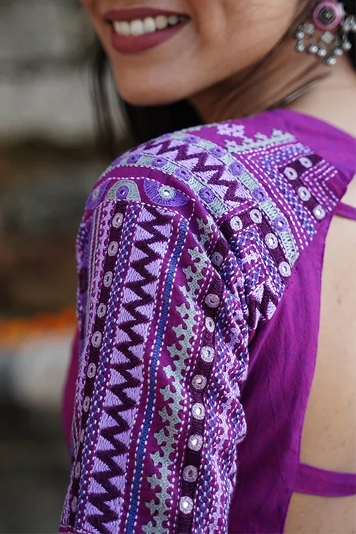 Okhai "Amethyst" Hand-Embroidery and Mirrorwork Pure Cotton Purple Blouse - Image 2