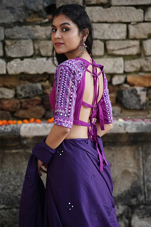Okhai "Amethyst" Hand-Embroidery and Mirrorwork Pure Cotton Purple Blouse - Image 3