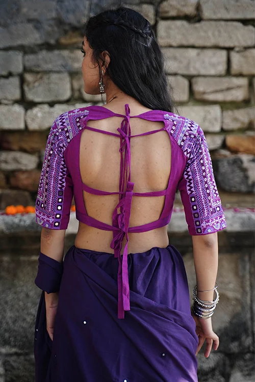 Okhai "Amethyst" Hand-Embroidery and Mirrorwork Pure Cotton Purple Blouse - Image 4