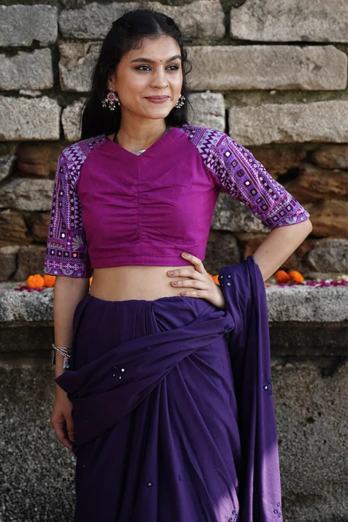 Okhai "Amethyst" Hand-Embroidery and Mirrorwork Pure Cotton Purple Blouse - Image 5