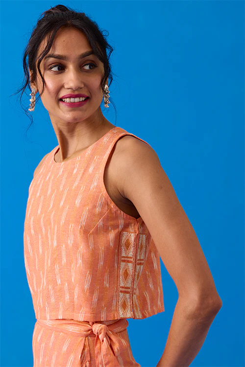 Okhai "Apricot" Hand-Embroidered Pure Cotton Ikkat Peach Top - Image 4