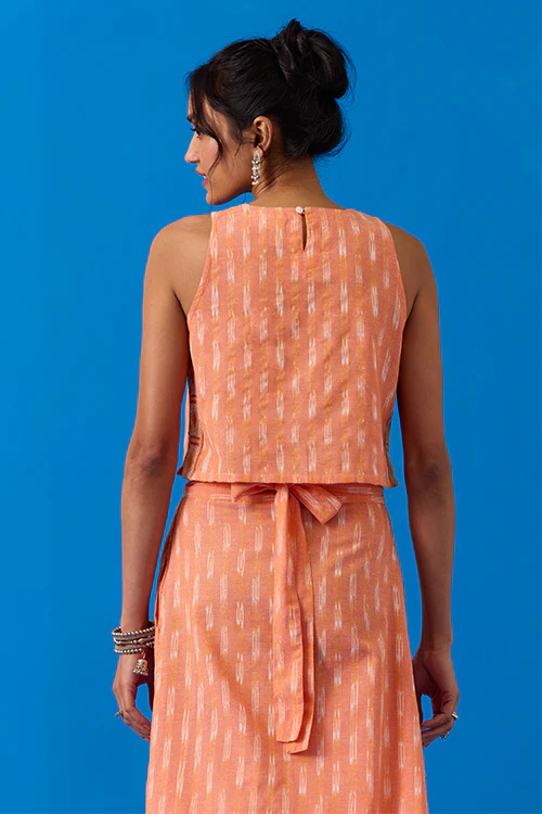 Okhai "Apricot" Hand-Embroidered Pure Cotton Ikkat Peach Top - Image 7