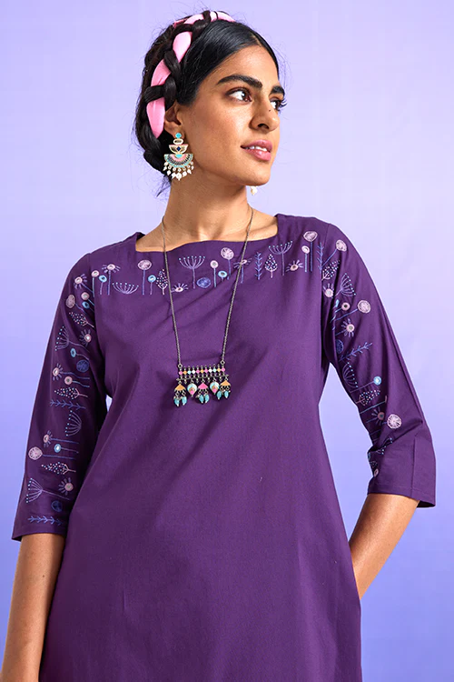 Okhai 'Artistic' Pure Cotton Hand Embroidered Mirror Work Kurta - Image 3