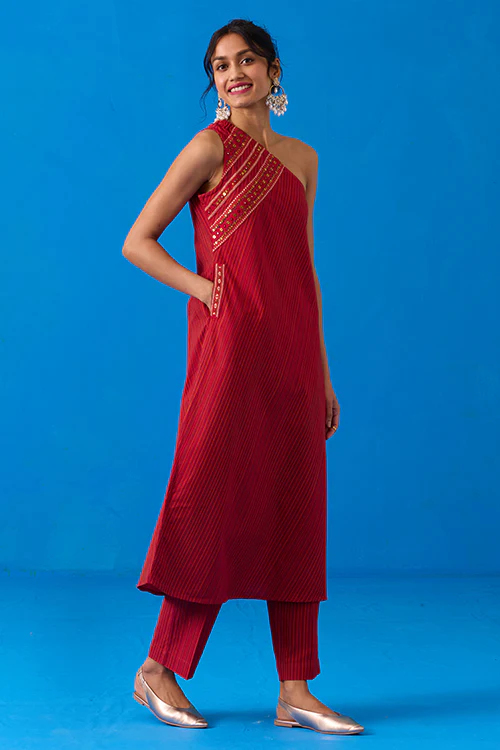 Okhai "Astralis" Hand-Embroidered Mirrorwork Pure Cotton Ikkat Kurta Pant Set - Image 3