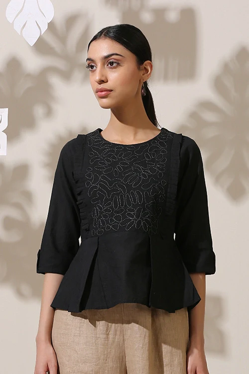 Okhai 'Black Oak' Applique Work Hand Embroidery Work Top