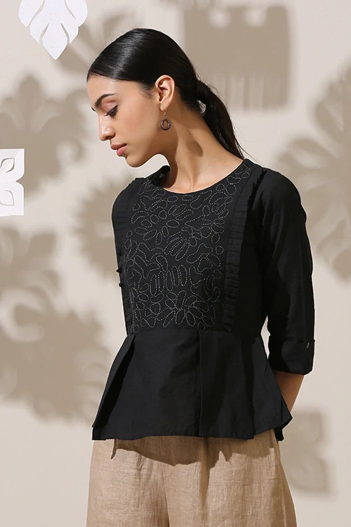 Okhai 'Black Oak' Applique Work Hand Embroidery Work Top - Image 4