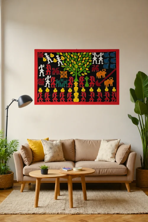 Okhai Black Village Themed Applique and Mirrorwork Wall Hanging