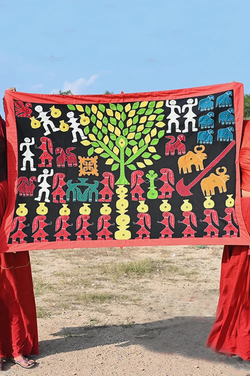 Okhai Black Village Themed Applique and Mirrorwork Wall Hanging - Image 2